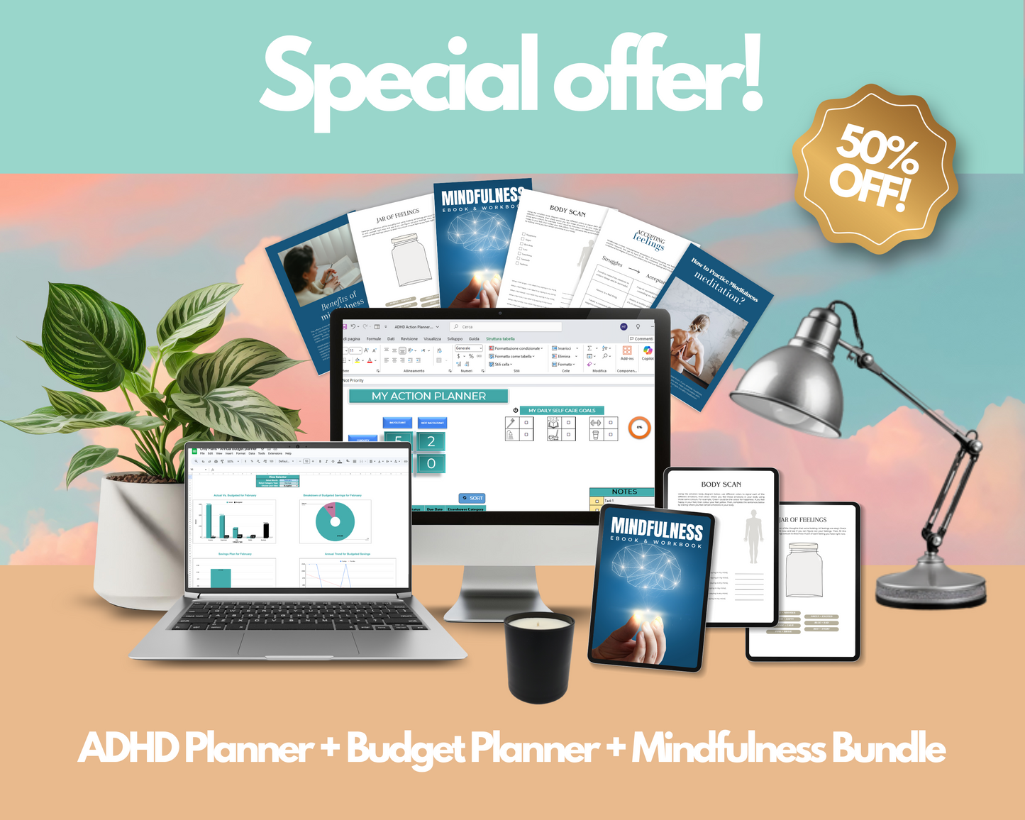 ADHD Planner Ecxel + Budget Planner + Mindfulness Bundle